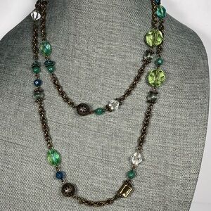Lia Sophia Necklace Long Green Plastic Beads Antique Bronze Tone 49”